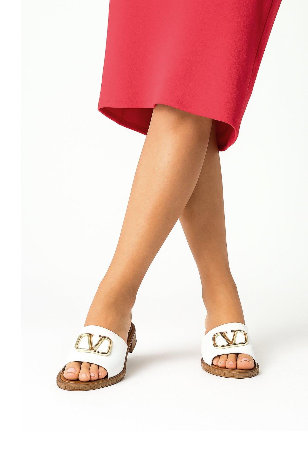 Elit Kira Kadın Hakiki Deri Düz Terlik Beyaz