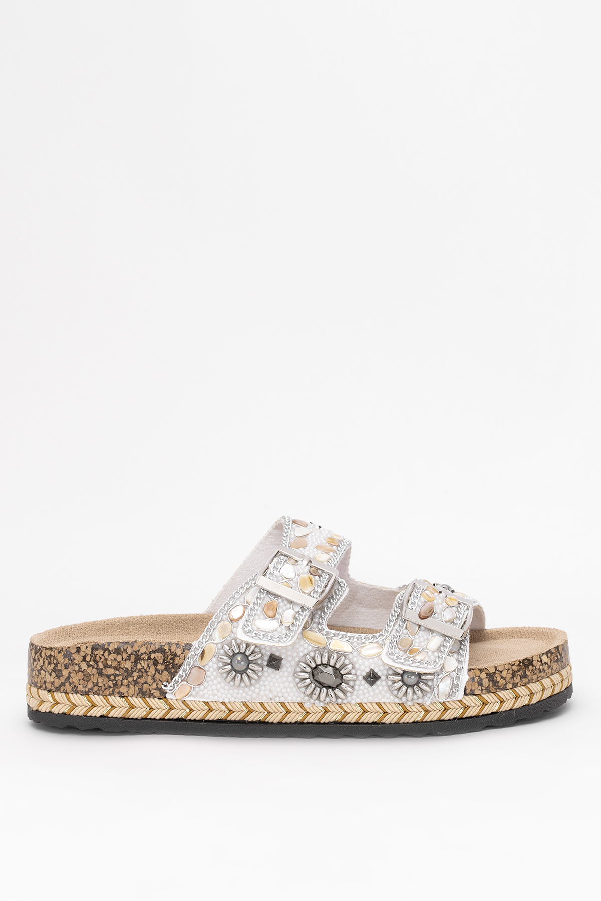 Guja 25Y183-1 Kadın Taşlı Düz Terlik Gümüş