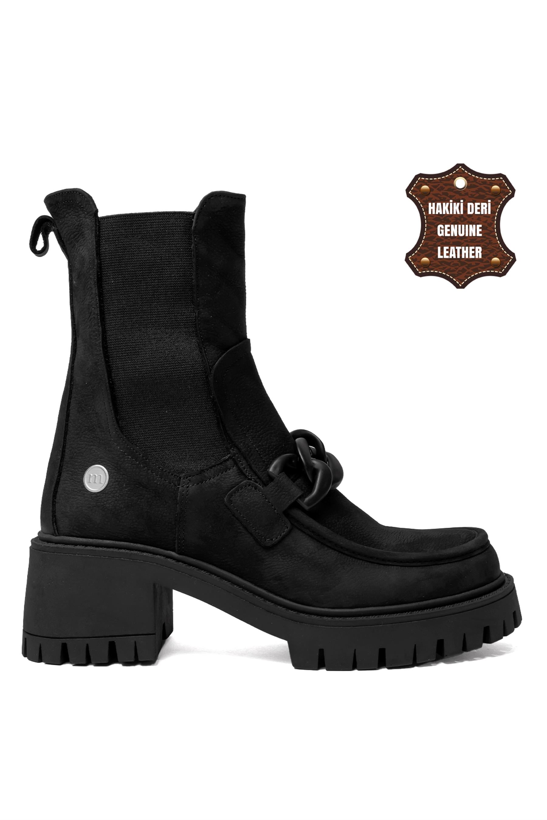 Mammamia 23KB-1315 Hakiki Deri Topuklu Bot Siyah