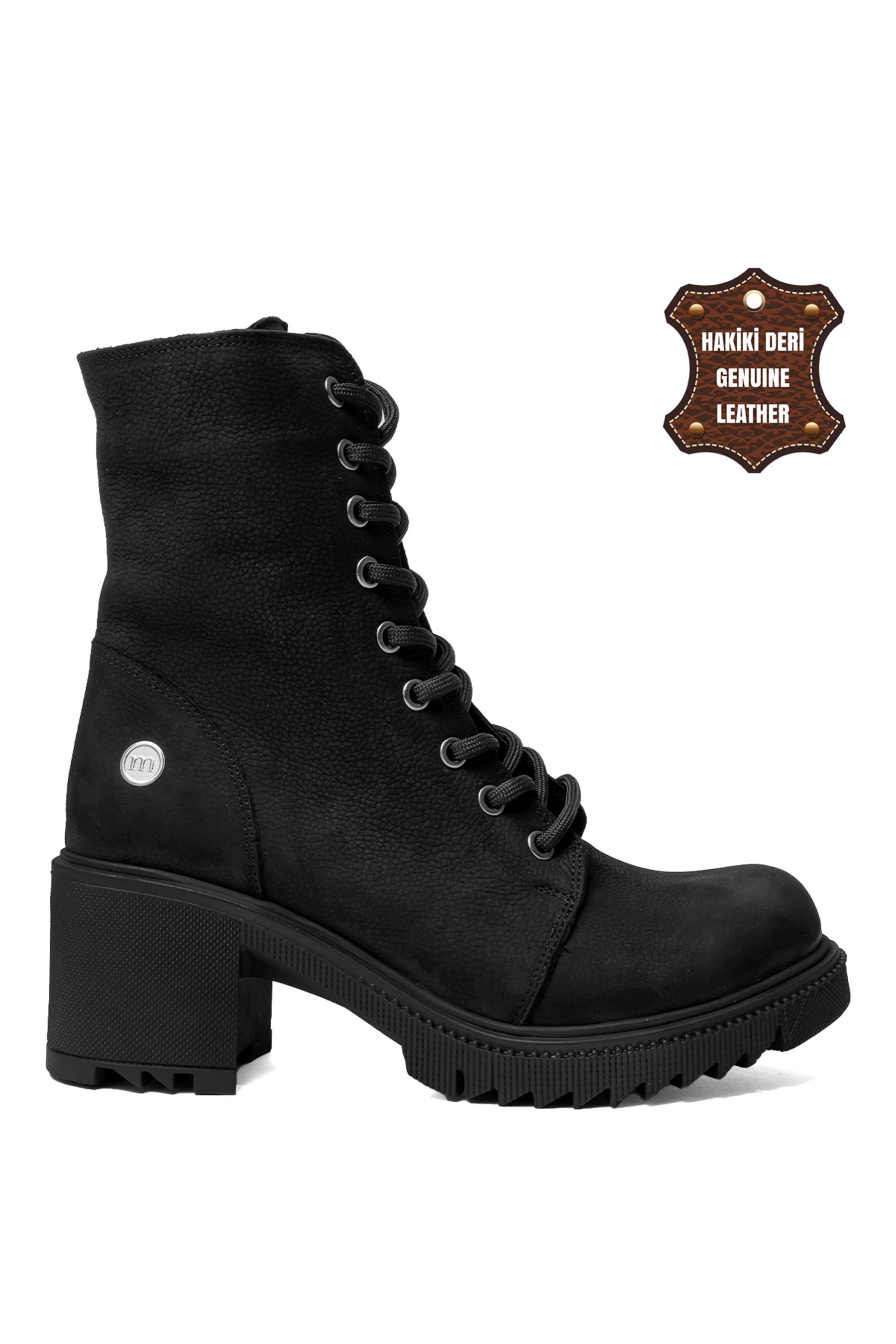 Mammamia 23KB-1345 Hakiki Deri Topuklu Bot Siyah