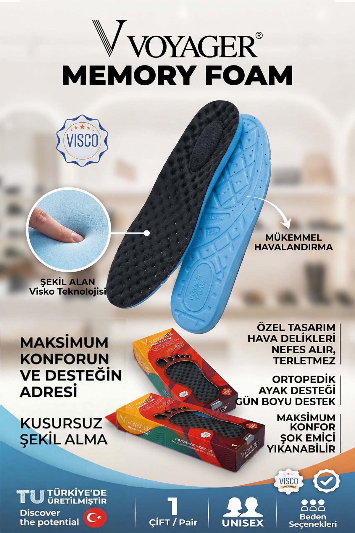 Voyager Memory Foam Terleme Yapmayan Özel Dizayn Ortopedik Tabanlık Siyah