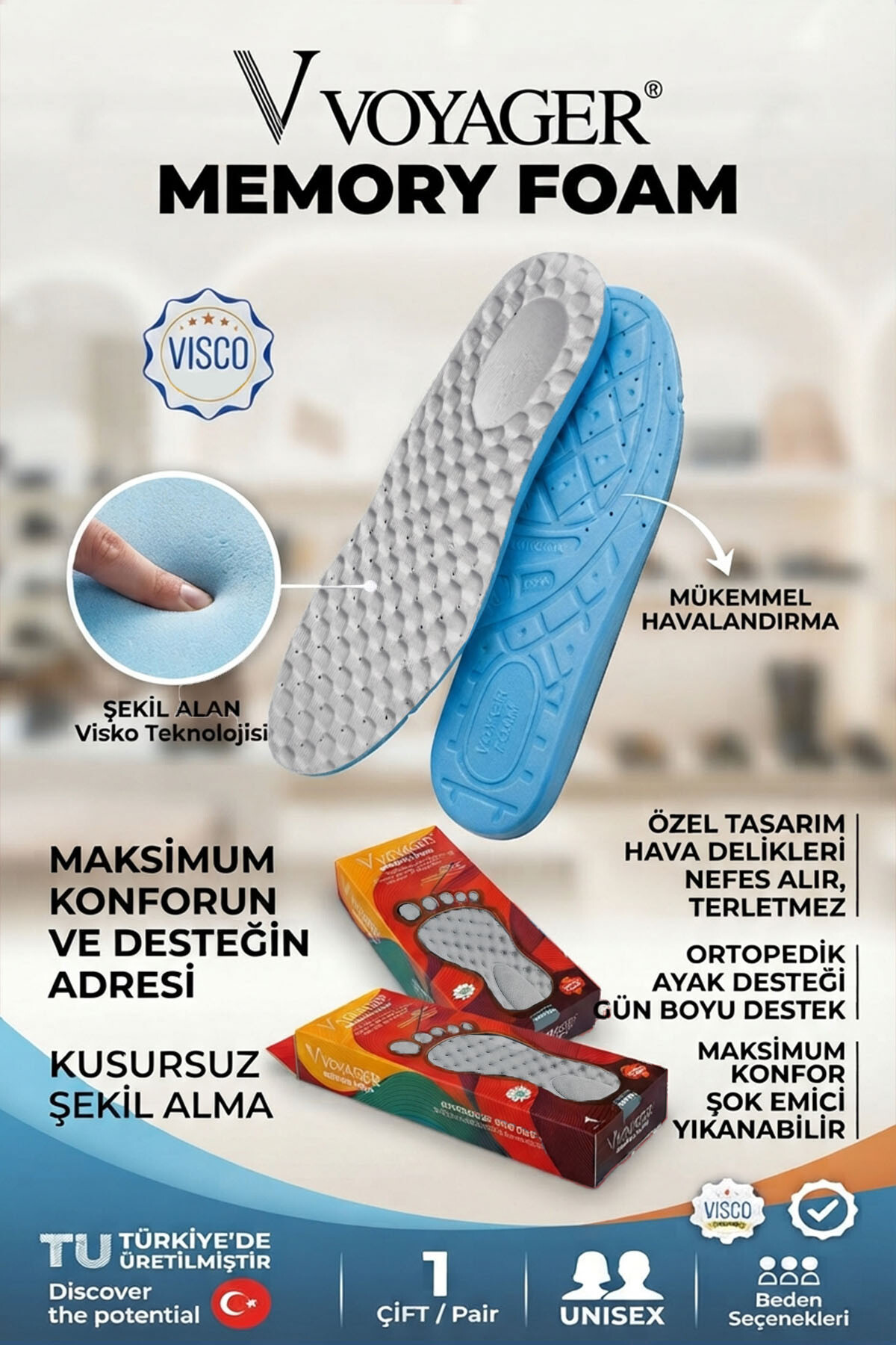 Voyager Memory Foam Terleme Yapmayan Özel Dizayn Ortopedik Tabanlık Gri