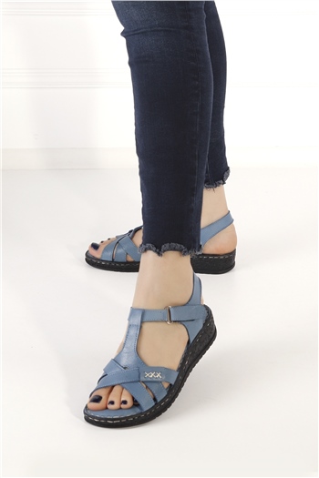 Elit Srr8803 Kadın Hakiki Deri Sandalet Mavi
