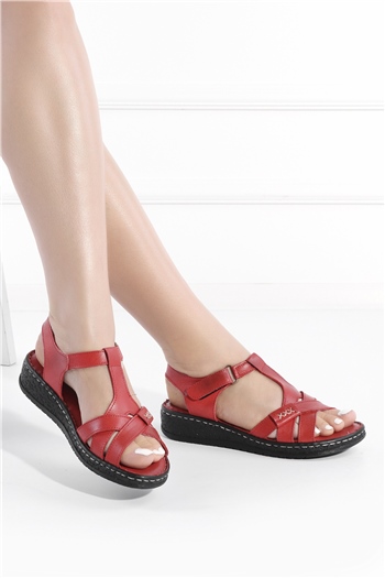 Elit Srr8803 Kadın Hakiki Deri Sandalet Kırmızı