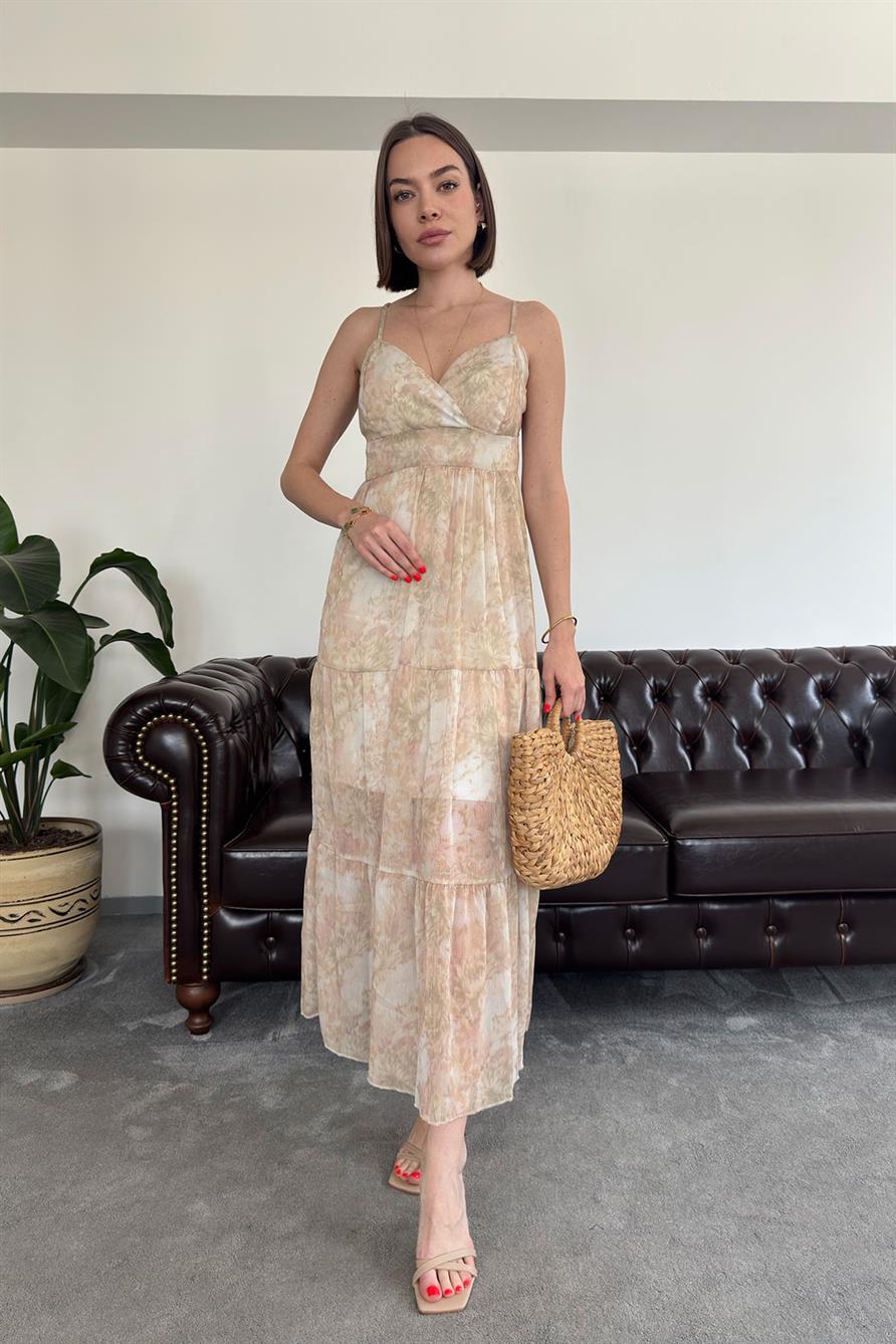 Batik Desen Özel Seri Şifon Yaryo Elbise- PUDRA
