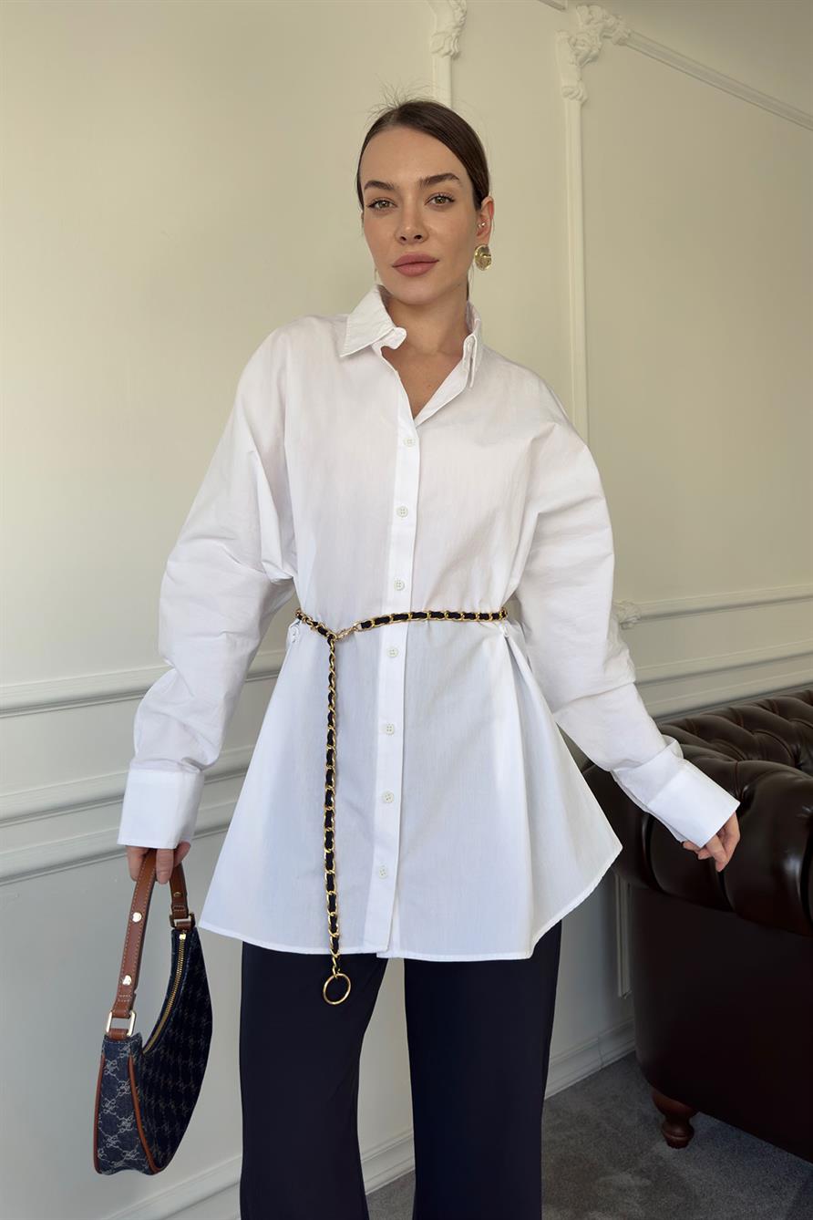 Düğme Detay Oversize Marka Poplin Gömlek- BEYAZ
