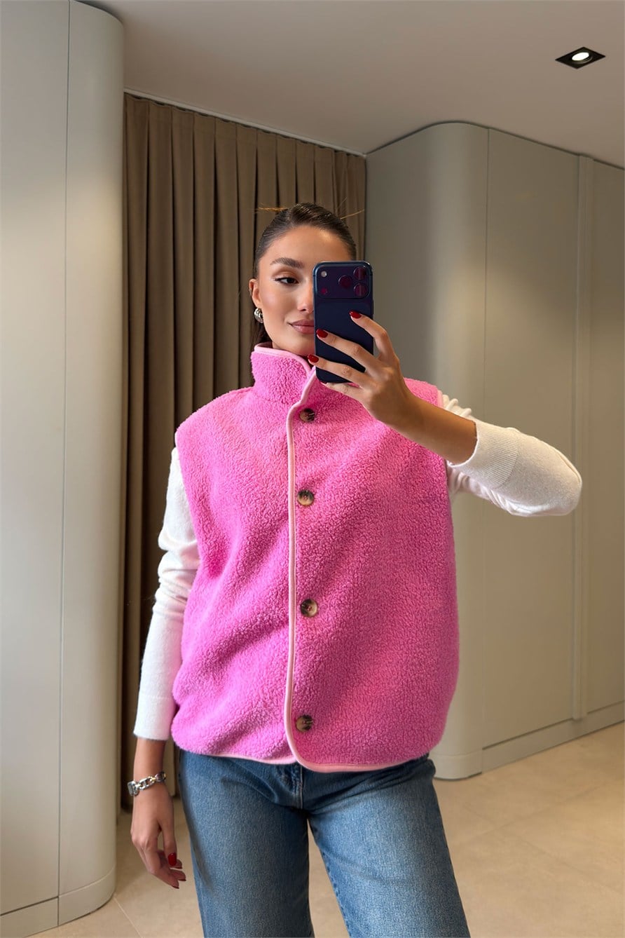 Düğmeli Premium Düğmeli Polar Yelek- PEMBE