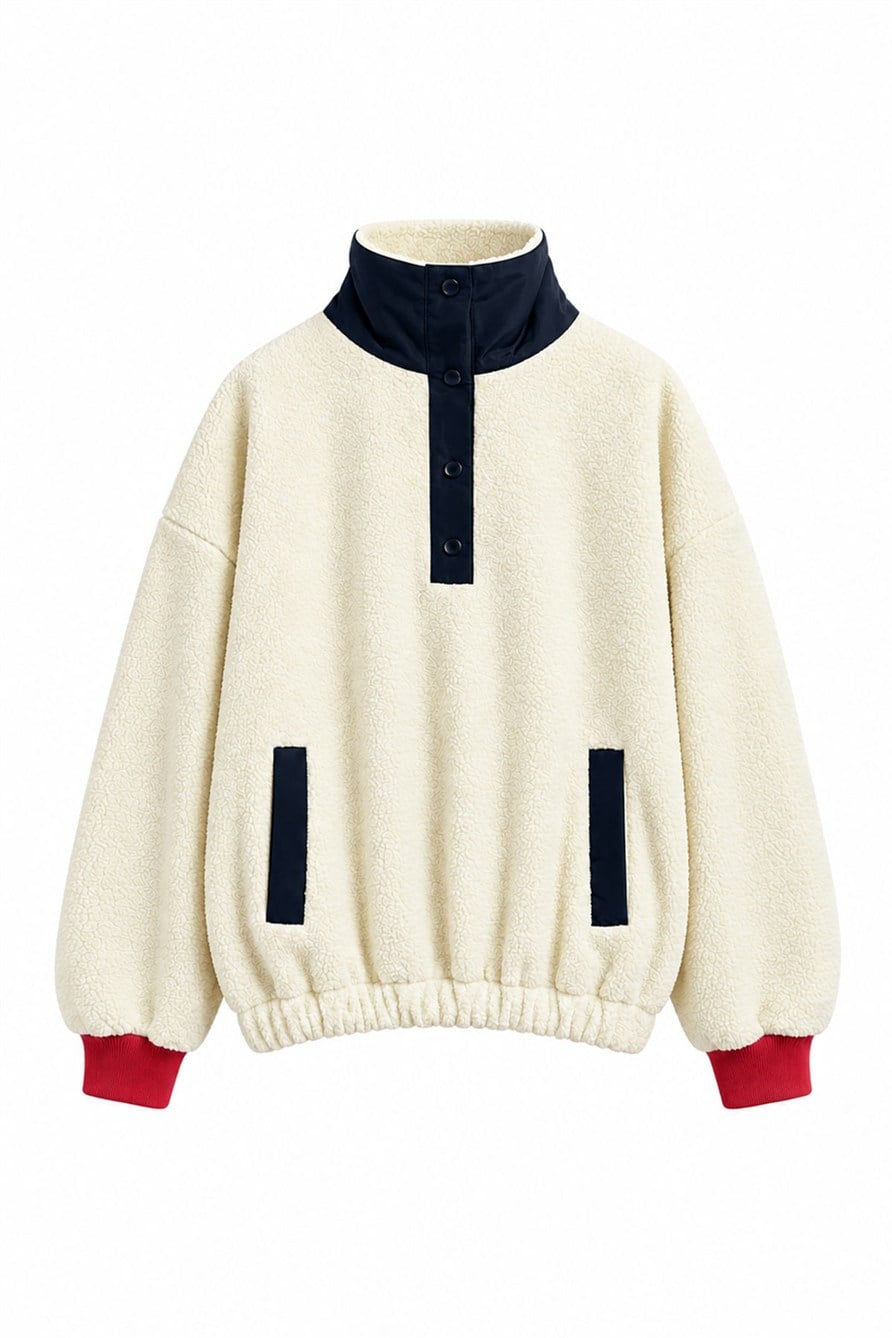Ekru Arkası Ayıcık Baskılı Polar Sweat- EKRU