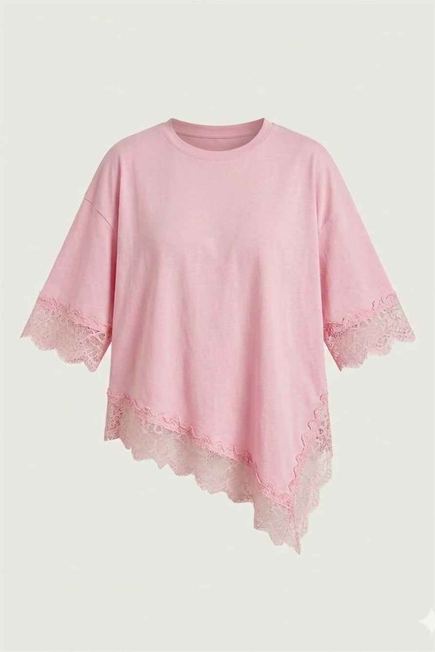 Premium Dantelli Bisiklet Yaka Bluz- PEMBE