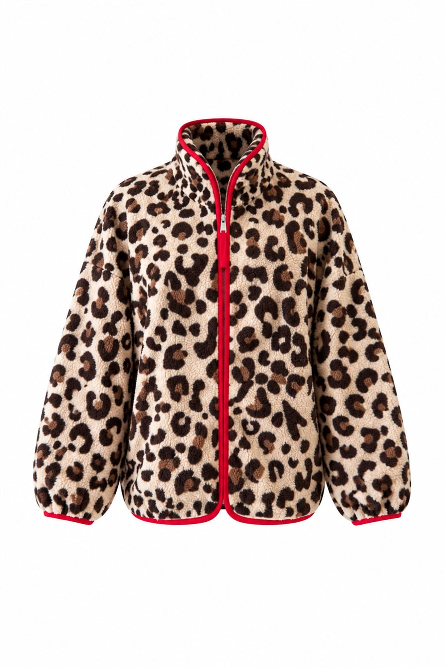 Premium Leopar Desen Fermuarlı Polar- BEJ-KIRMIZI