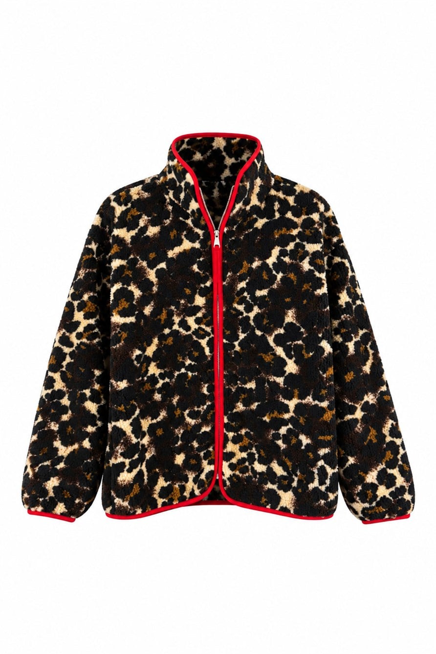 Premium Leopar Desen Fermuarlı Polar- KAHVE KIRMIZI