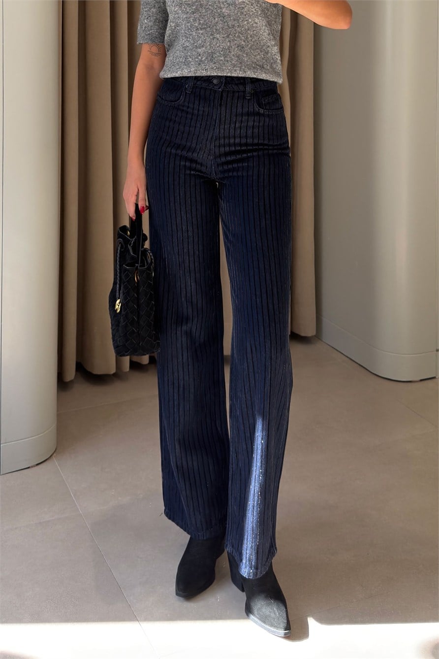Wide Leg Çizgili Flok Baskılı Jean- LACİVERT