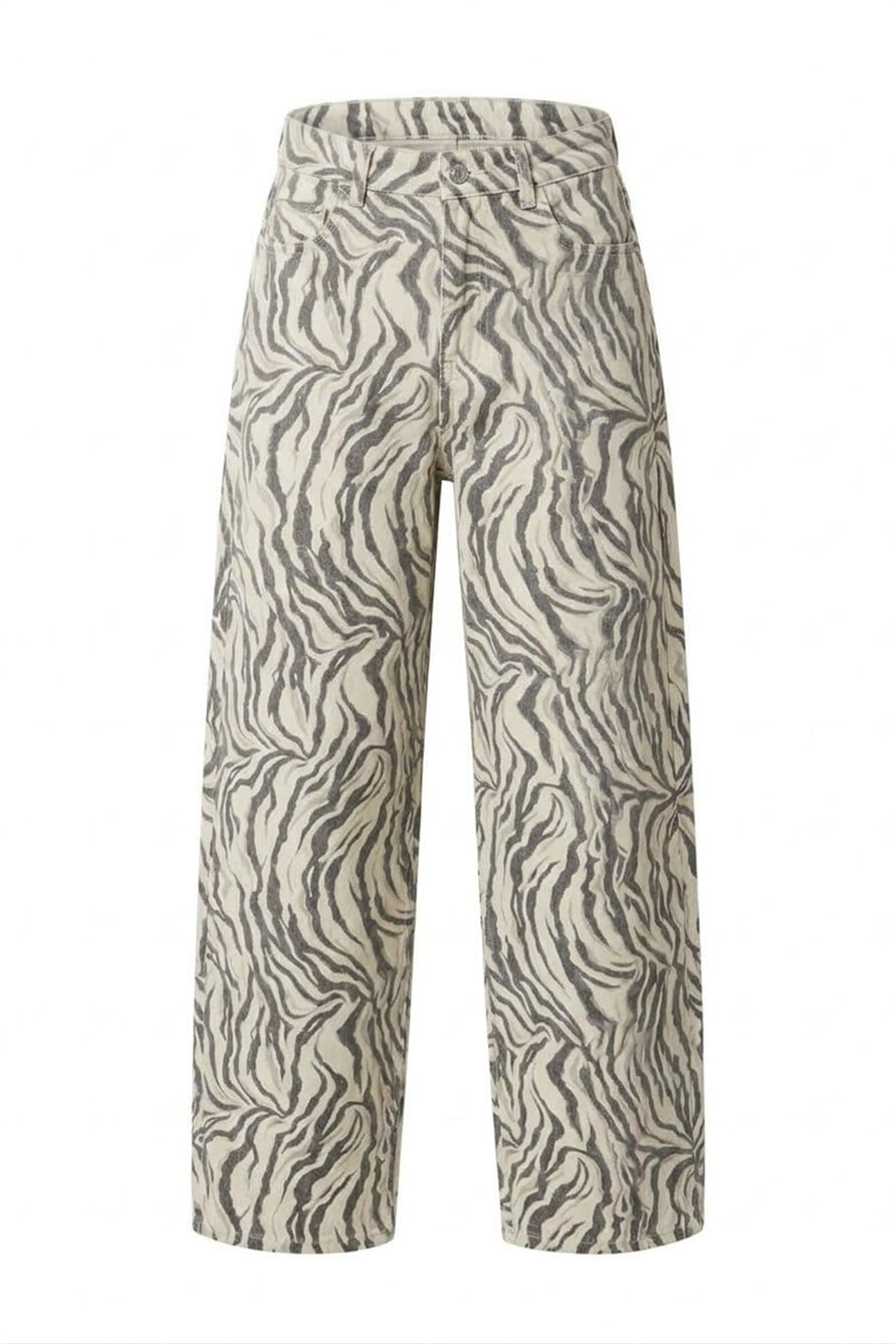 ZEBRA DESENLİ GENİŞ PACA JEAN- GRİ