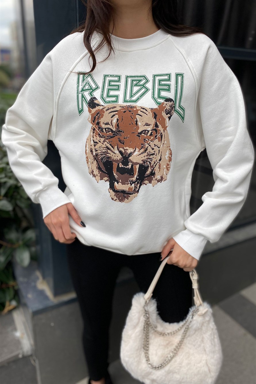 Rebel Aslan Baskılı Sweatshirt- EKRU