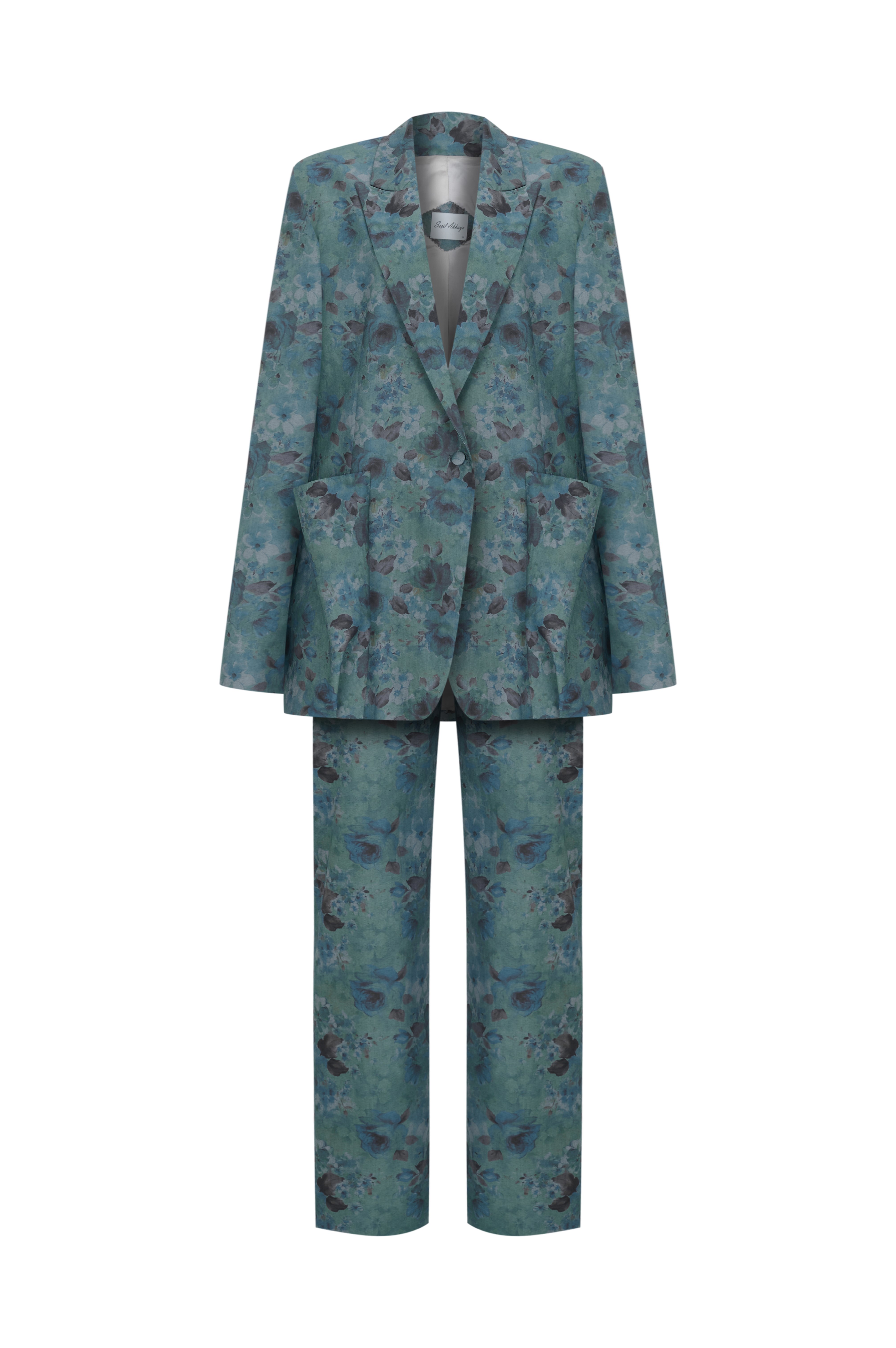 Desenli Mavi Blazer Takımı