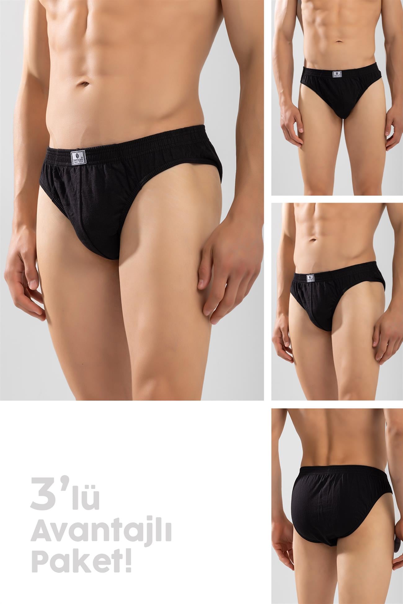 Erkek Pamuklu Beli Lastikli Düz Slip Külot 3'lü Paket Siyah