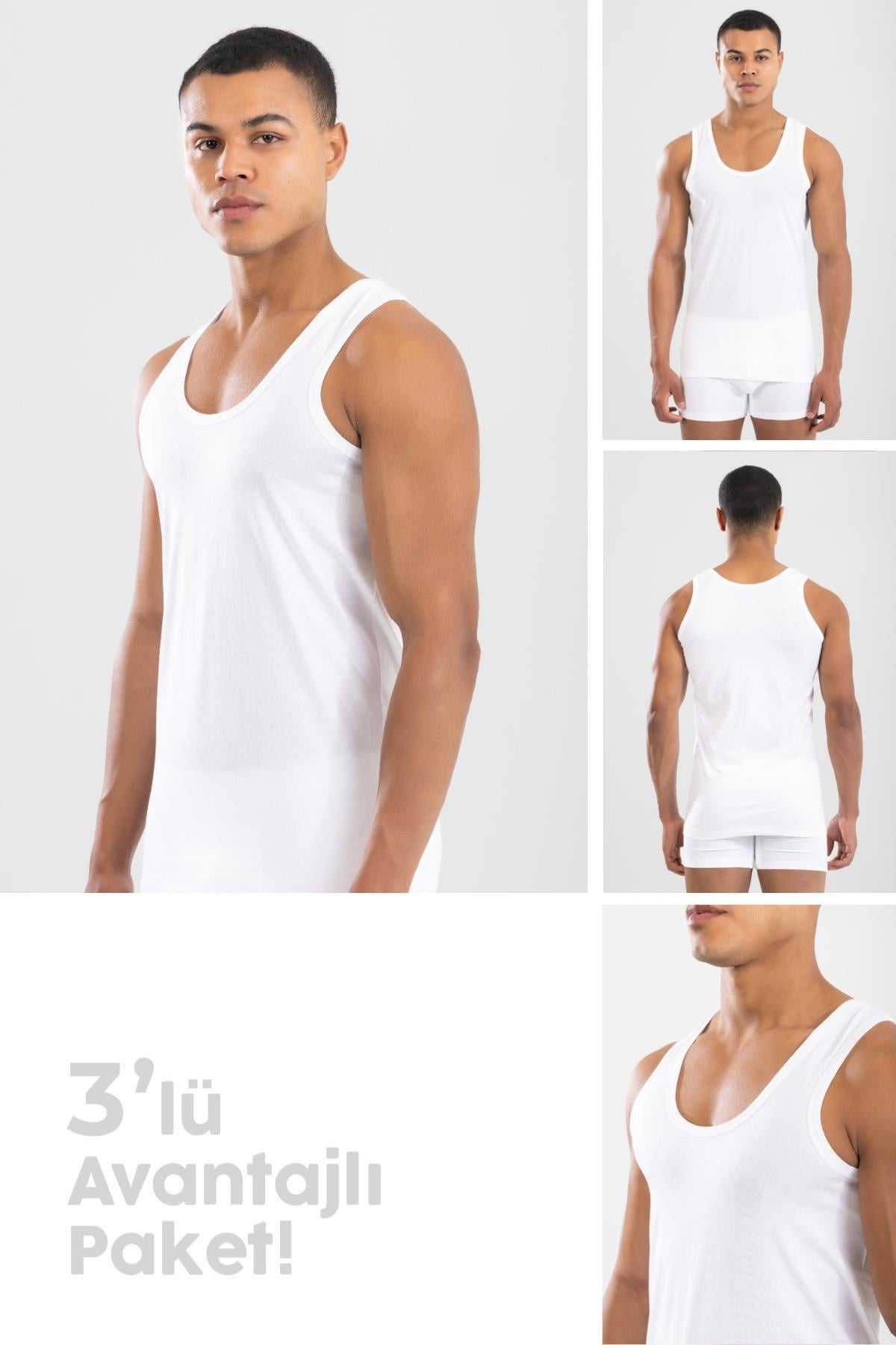 Erkek Pamuklu Klasik Regular Düz  Atlet 3'lü Paket Beyaz