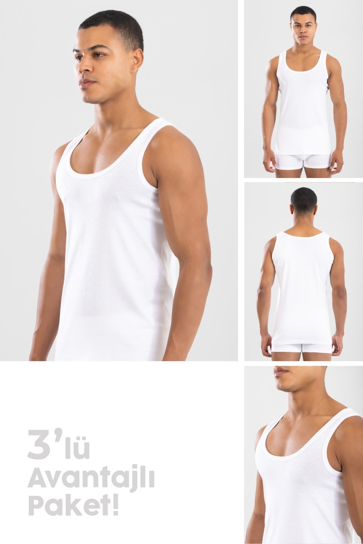 Erkek Pamuklu Slim Fit Düz Klasik Ribana Atlet 3'lü Paket Beyaz