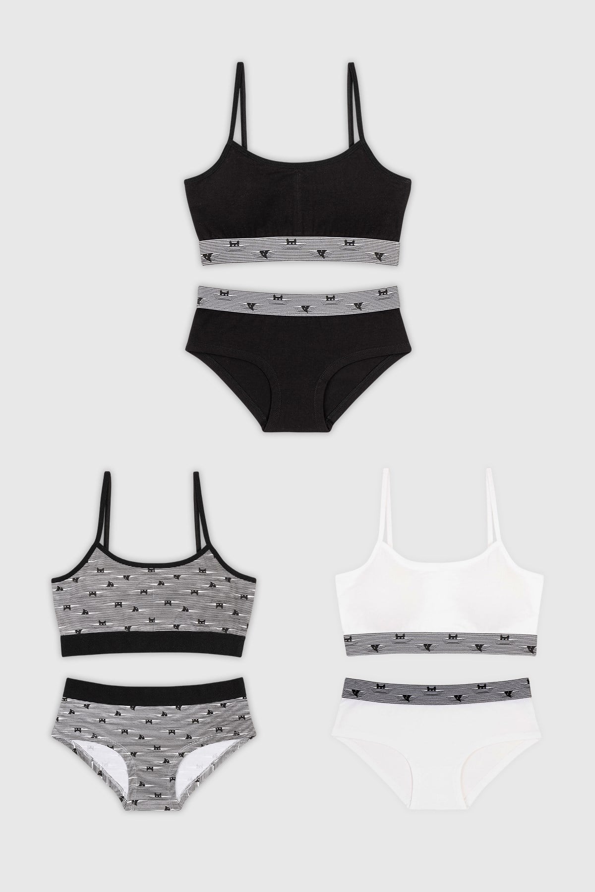 Genç Kız Pamuklu Desenli İnce İp Askılı Büstiyer Bikini Külot Takımı 3lü Paket 7600 Renkli