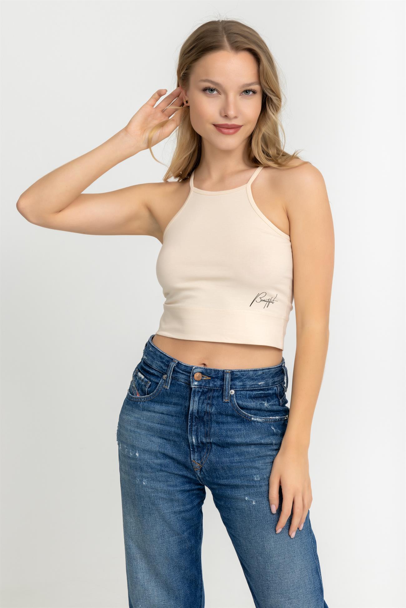 Kadın Halter Yaka İnce Askılı Crop Bluz Krem