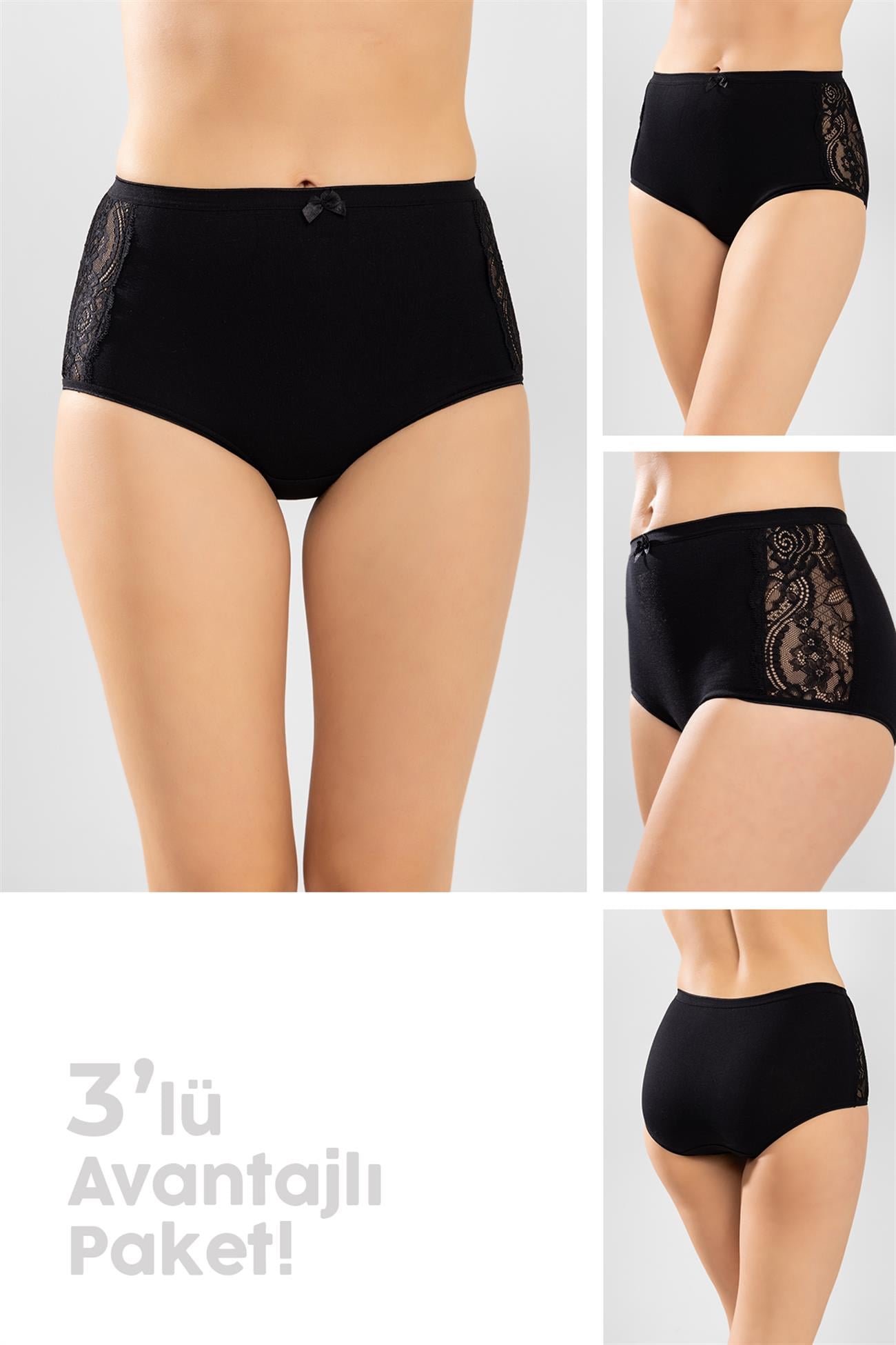 Kadın Klasik Pamuklu Yanları Dantelli Düz Bato Külot 3'lü Paket Siyah