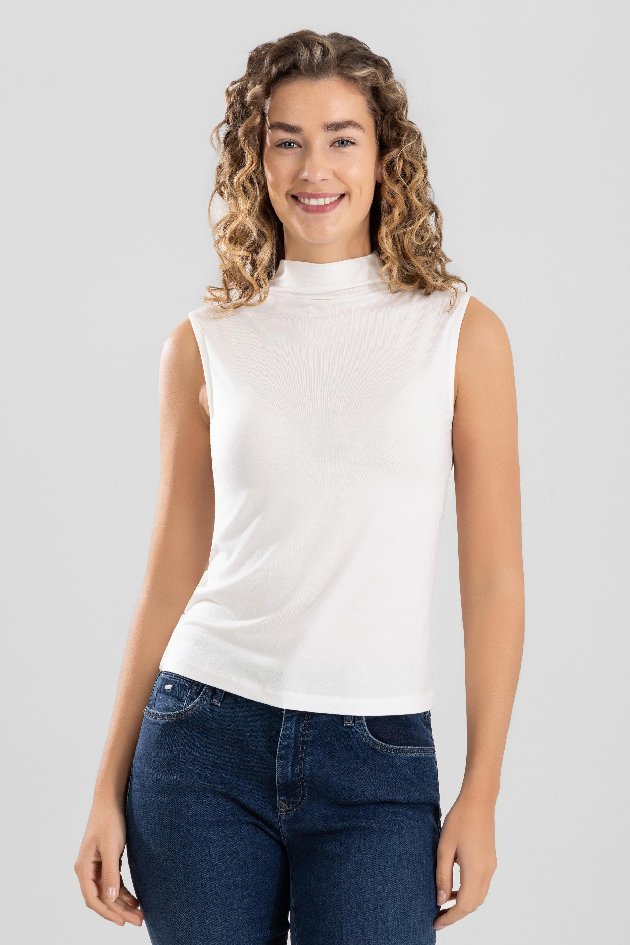 Kadın Modal Likralı Yarım Balıkçı Yaka Sıfır Kol Body 6316 Krem