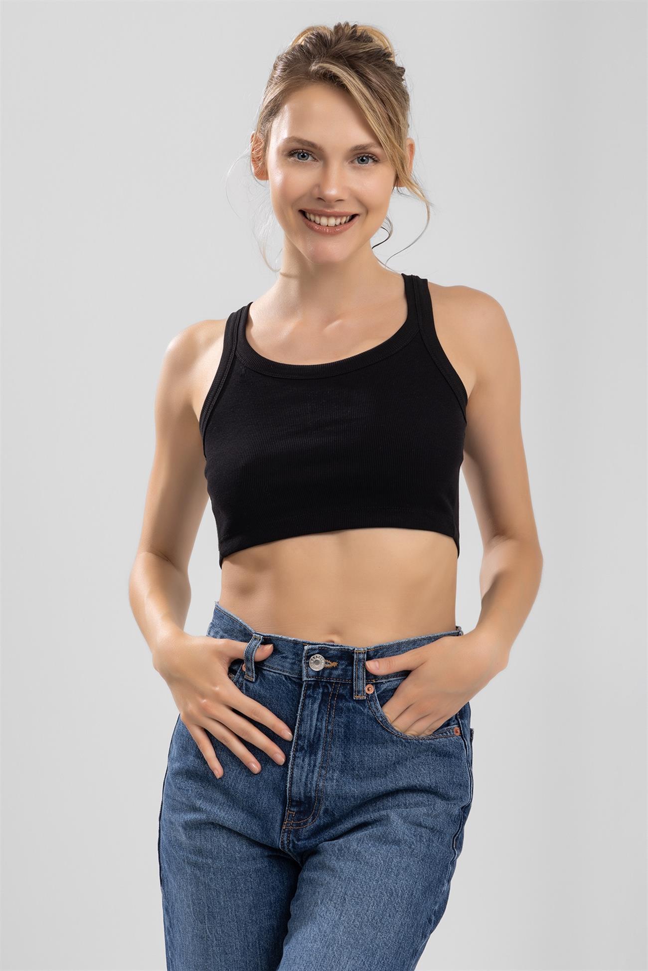 Kadın Oval Yaka Kalın Askılı Kaşkorse Crop Büstiyer Siyah