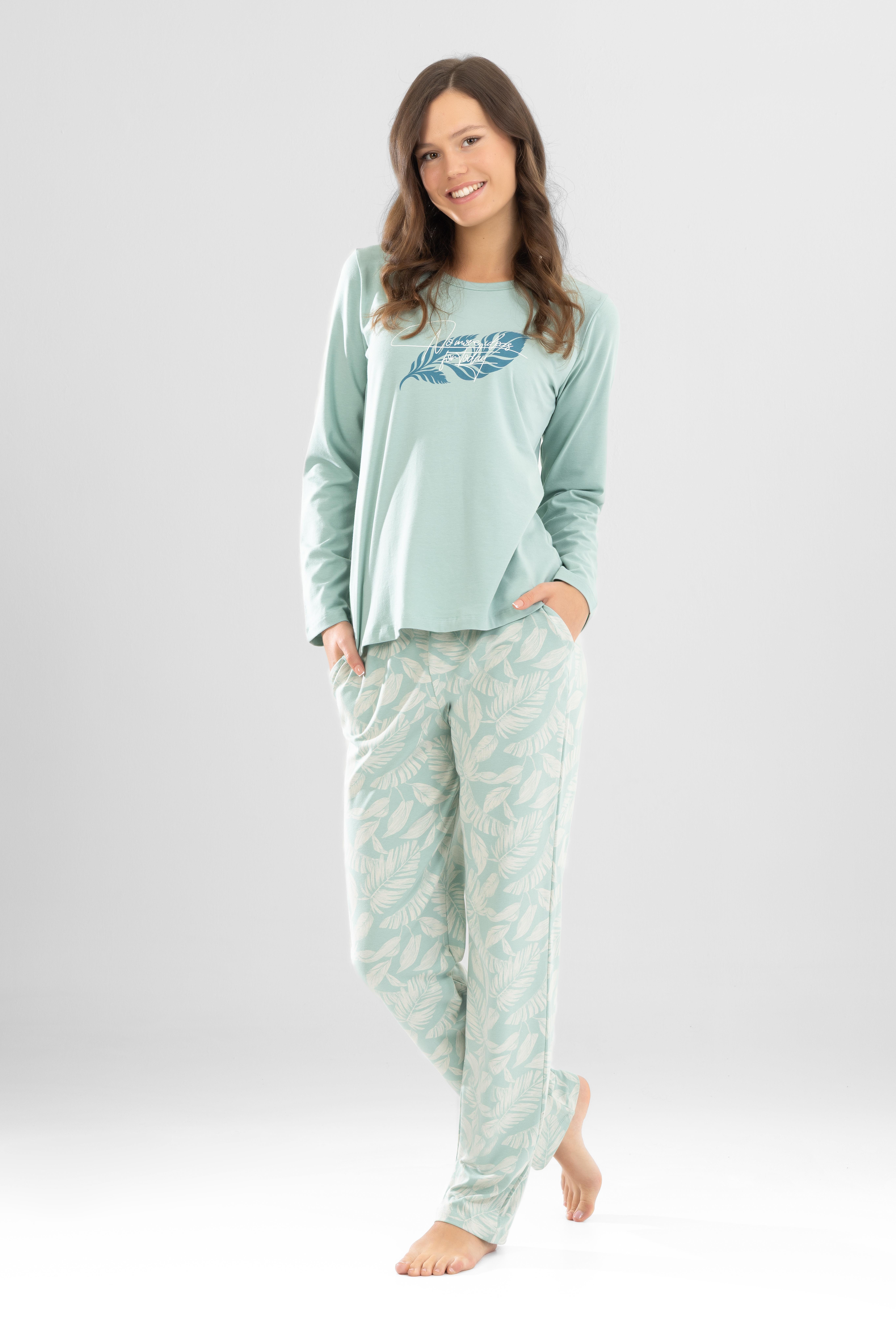 Kadın Pamuklu Bisiklet Yaka Yaprak Baskılı Uzun Kollu Pijama Takımı 9923 Su Yeşili