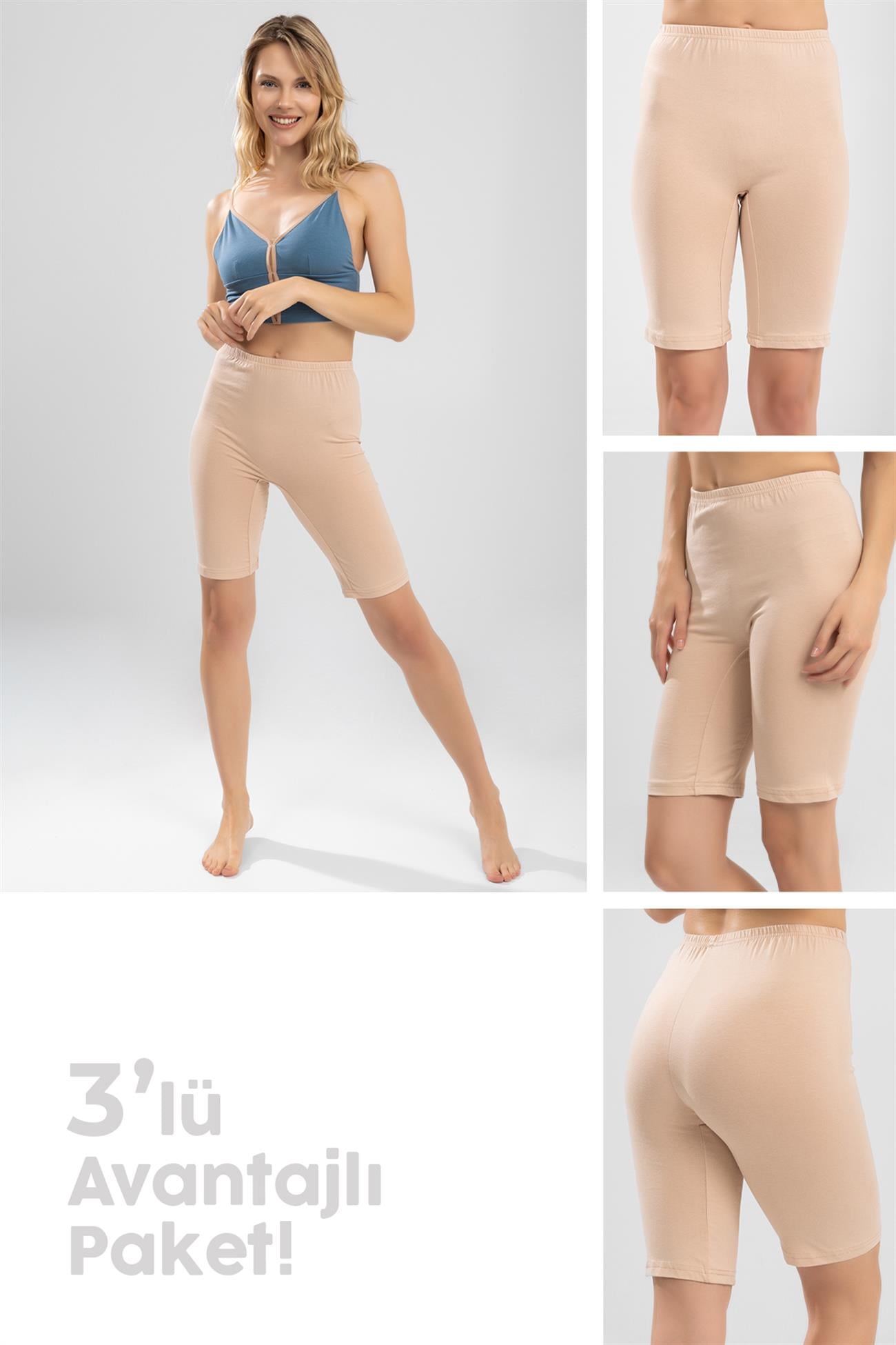 Kadın Pamuklu Diz Üstü Paçalı Kalın Penye İçlik Tayt 3'lü Paket Ten Rengi