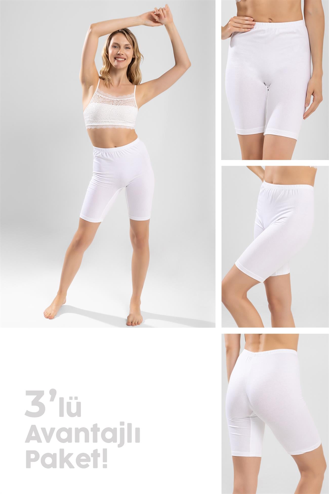 Kadın Pamuklu Diz Üstü Paçalı Kalın Penye İçlik Tayt 3'lü Paket Beyaz