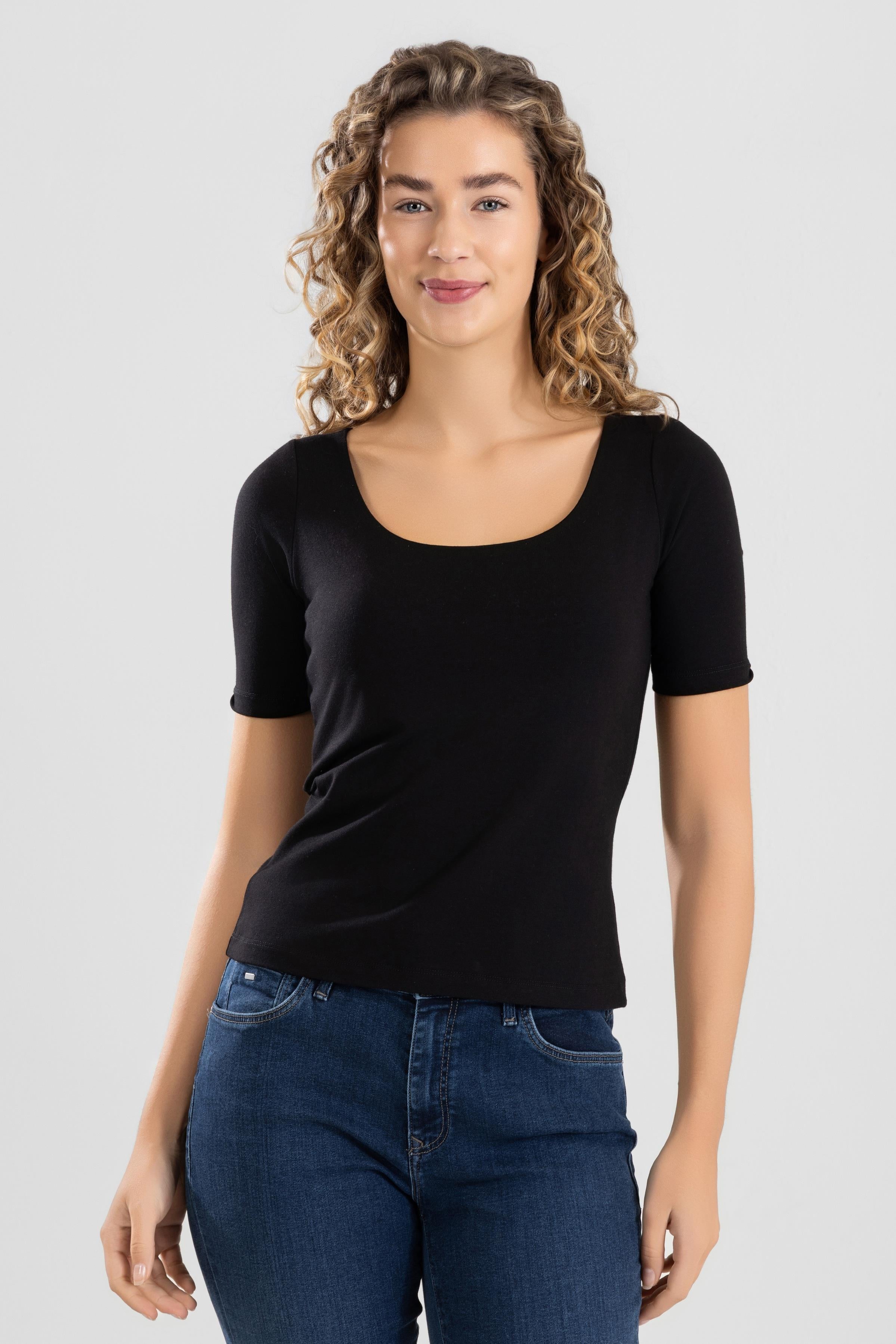 Kadın Pamuklu Likralı Geniş Yaka Kısa Kol Tişört 6314 Siyah