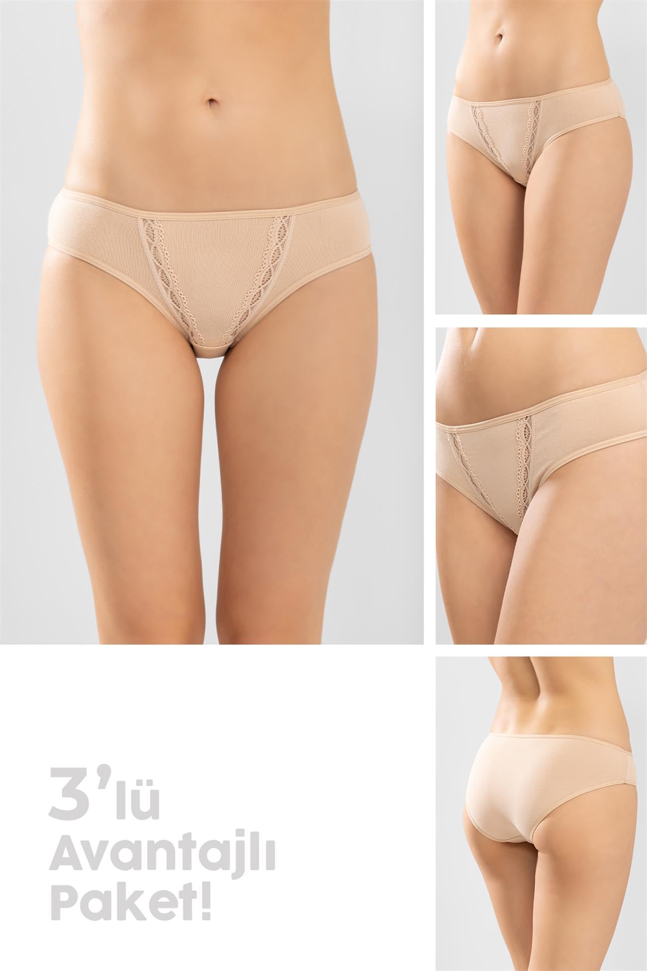 Kadın Pamuklu Zikzak İşlemeli Bikini Kesim Külot 3'lü Paket Ten Rengi