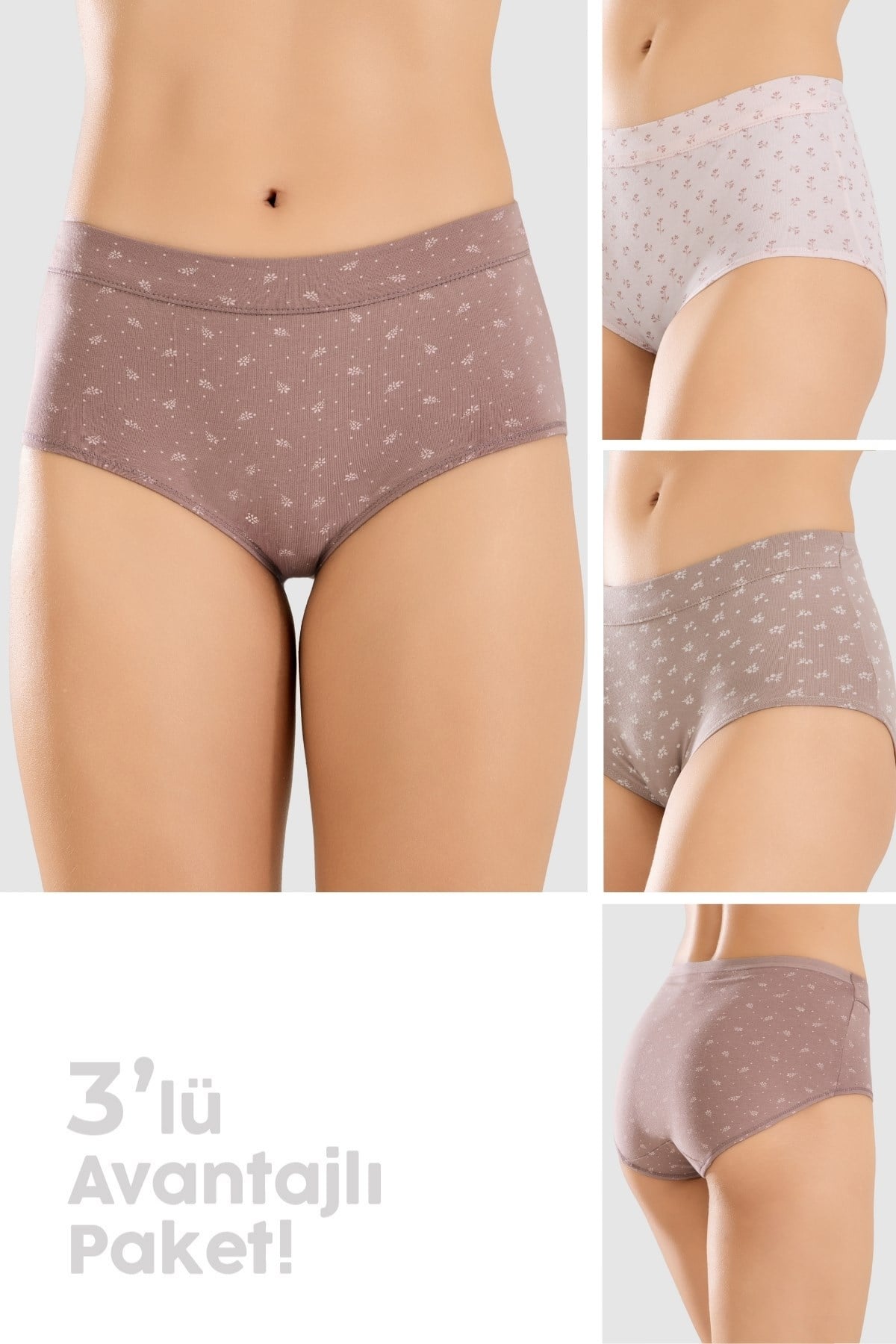 Kadın Yüksek Bel Pamuklu Desenli Renkli Bato Külot 3'lü Paket 8468 Renkli