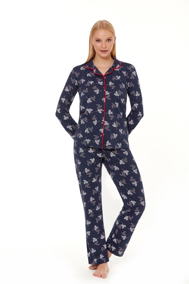 Baykar Kadın Uzun Kollu Önden Düğmeli MAskulen  Pijama Takımı 9950 Lacivert