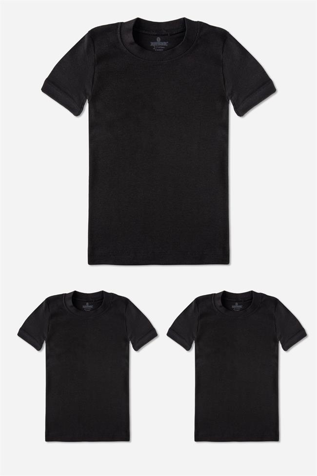 Erkek Çocuk Pamuklu Sıfır Yaka Fanila Tişört 3'lü Paket Siyah