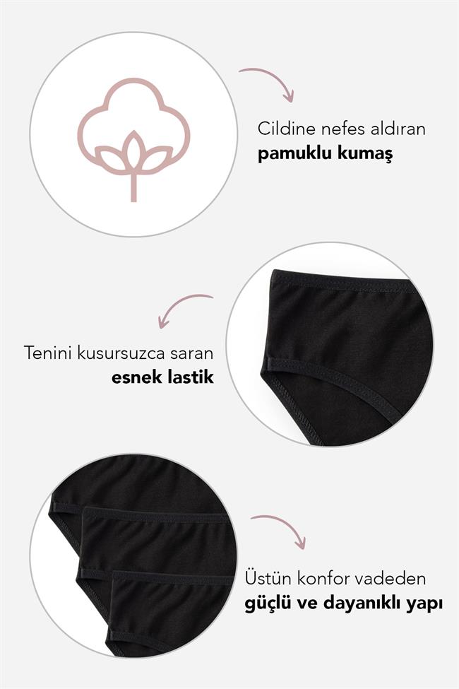 Kız Çocuk Pamuklu Bikini Kesim Düz Basic Külot 3lü Paket Siyah