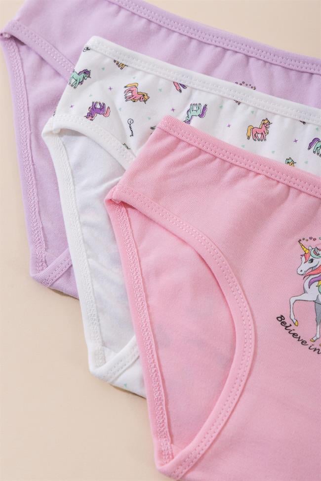 Kız Çocuk Pamuklu Renkli Baskılı Bikini Külot 3'lü Paket 5712 Renkli