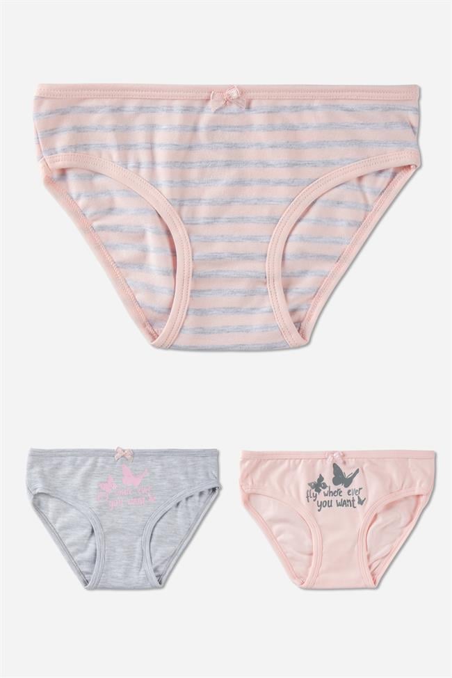 Kız Çocuk Pamuklu Renkli Baskılı Fiyonk Detaylı Bikini Külot 3'lü Paket Pembe