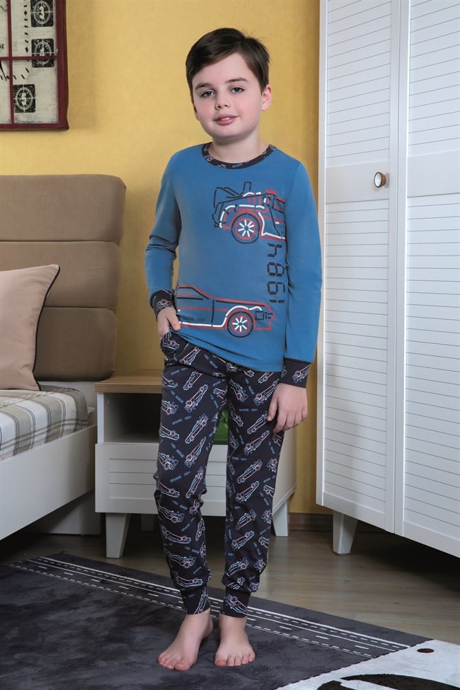 Baykar Erkek Çocuk Araba Baskılı Pijama Takımı 9753 Mavi