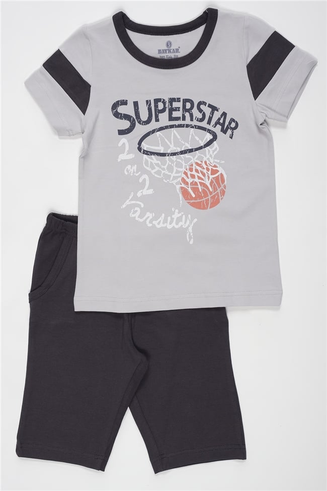 Baykar Erkek Çocuk Basketbol Temalı Kaprili Pijama Takımı 9740 Gri Melanj