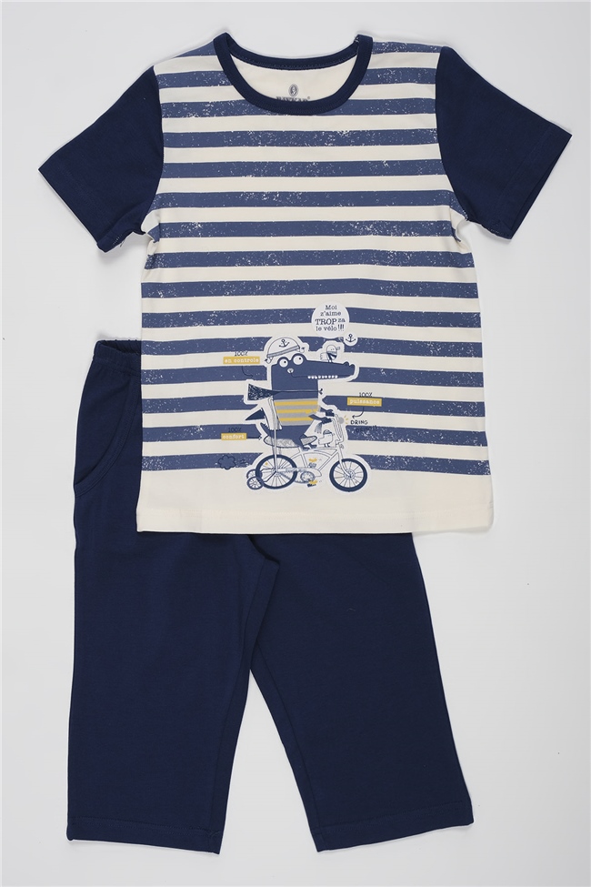 Baykar Erkek Çocuk Çizgili Kaprili Pijama Takımı 9738 Krem