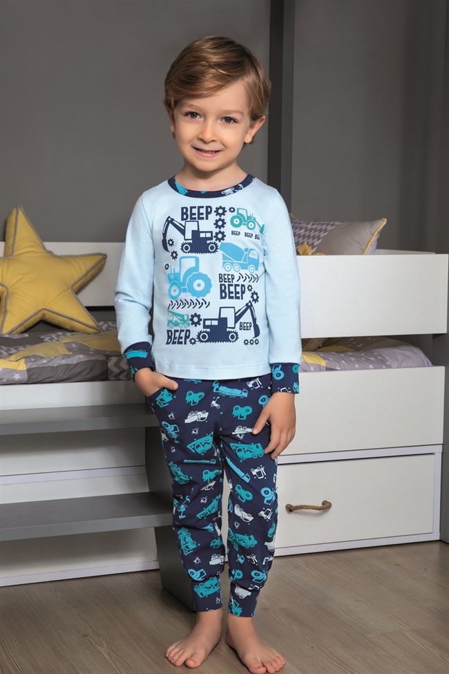 Baykar Erkek Çocuk Kepçe Makine Baskılı Pijama Takımı 9746 Mavi