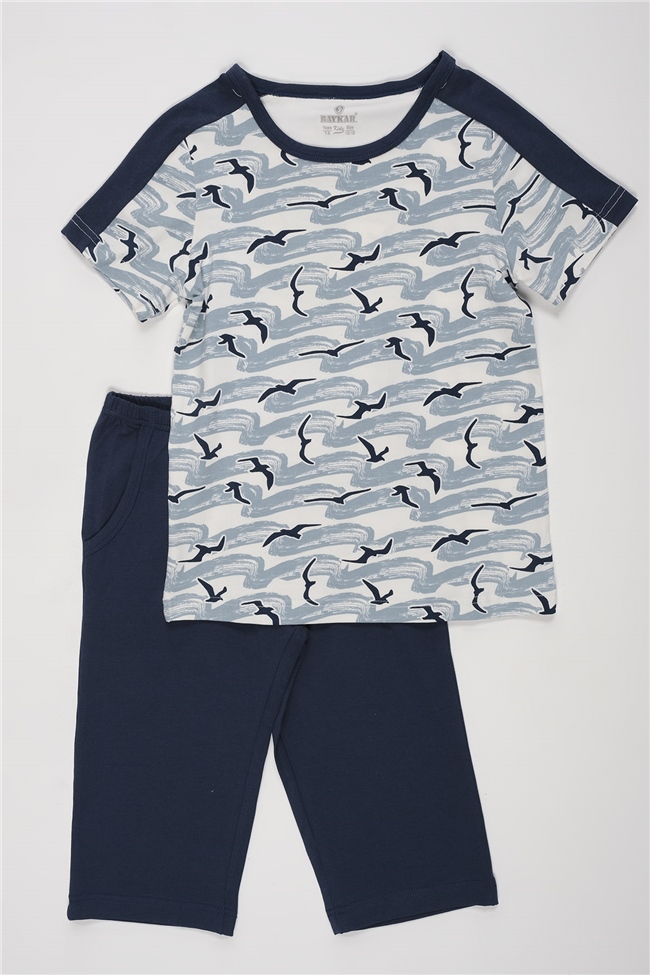 Baykar Erkek Çocuk Kuş Motifli Kaprili Pijama Takımı 9743 Petrol Mavi