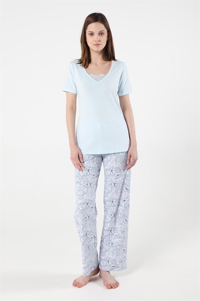 Baykar Kadın Desenli Kısa Kollu Pijama Takımı 9484 Mavi