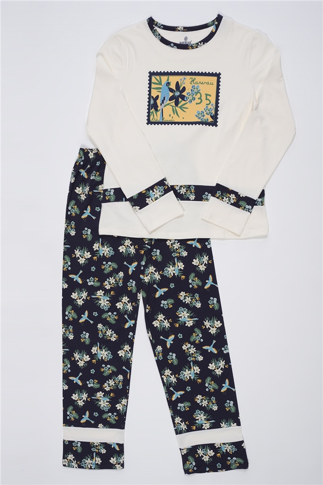 Baykar Kız Çocuk Çiçek Desenli Pijama Takımı 9263 Krem