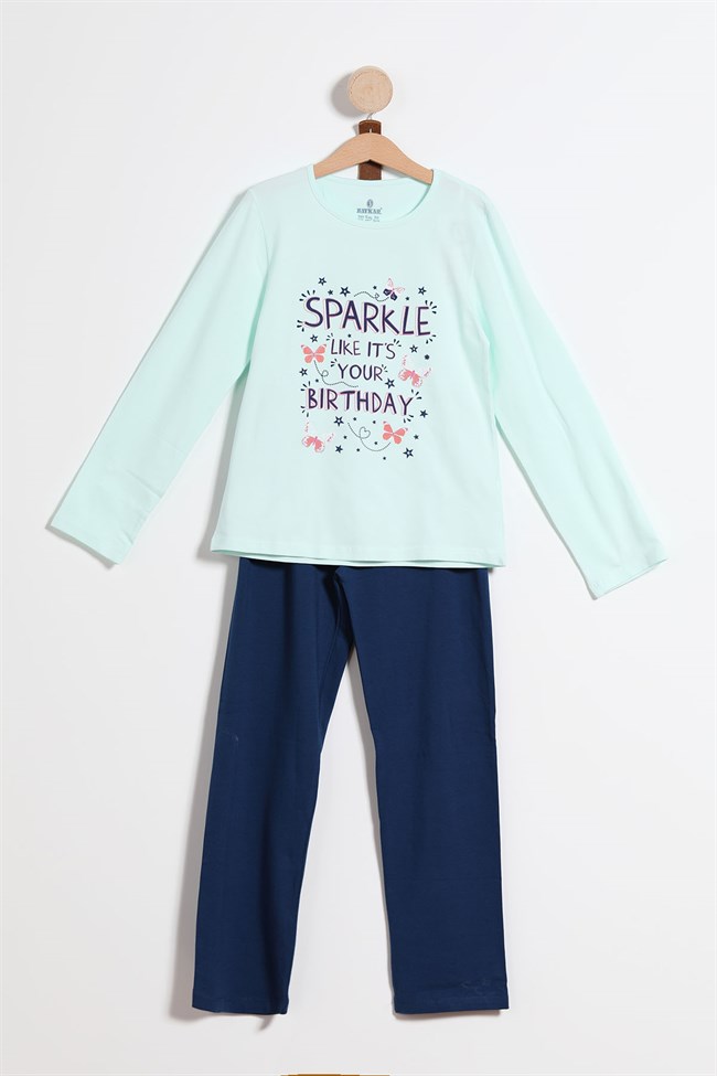 Baykar Kız Çocuk Doğum Günü Temalı Pijama Takımı 9258 Açık Yeşil