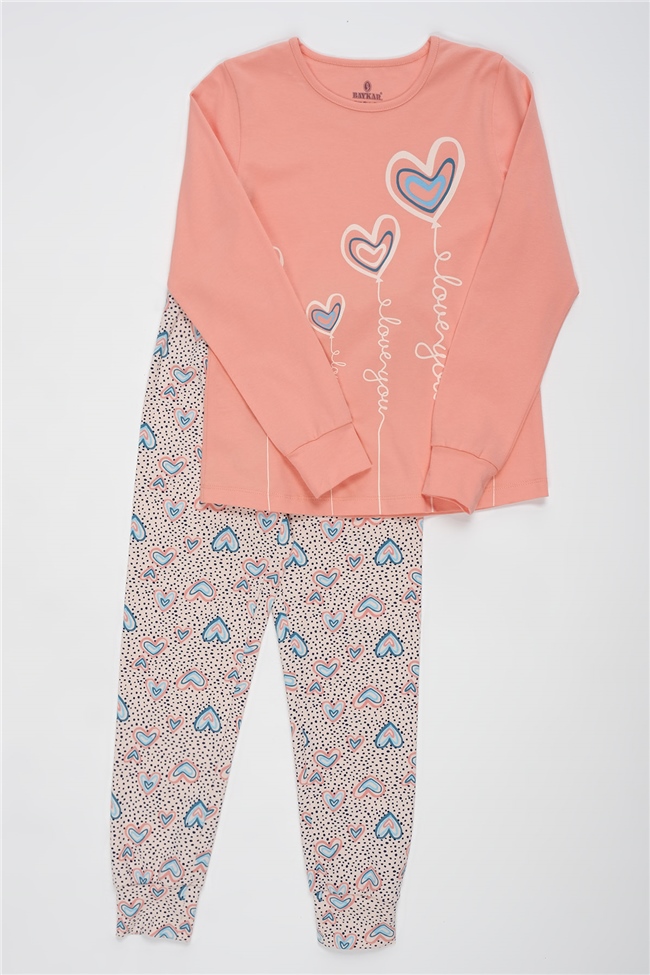Baykar Kız Çocuk Kalp Baskılı Pijama Takımı 9298 Somon