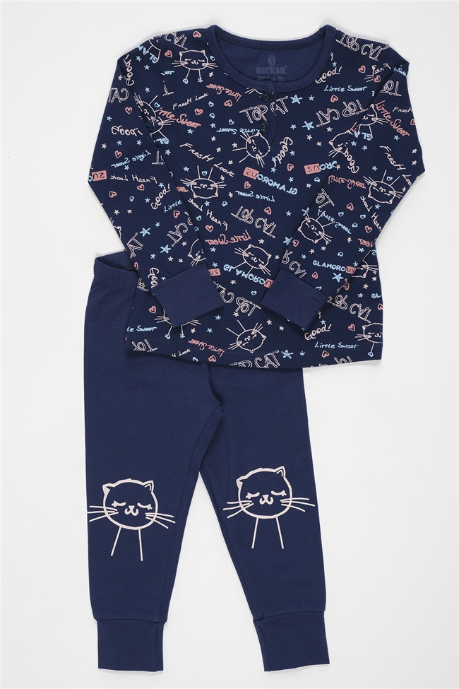 Baykar Kız Çocuk Kedi Baskılı Pijama Takımı 9242 Lacivert