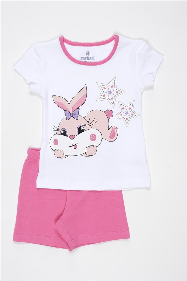 Baykar Kız Çocuk Tavşan Baskılı Şortlu Pijama Takımı 9269 Beyaz