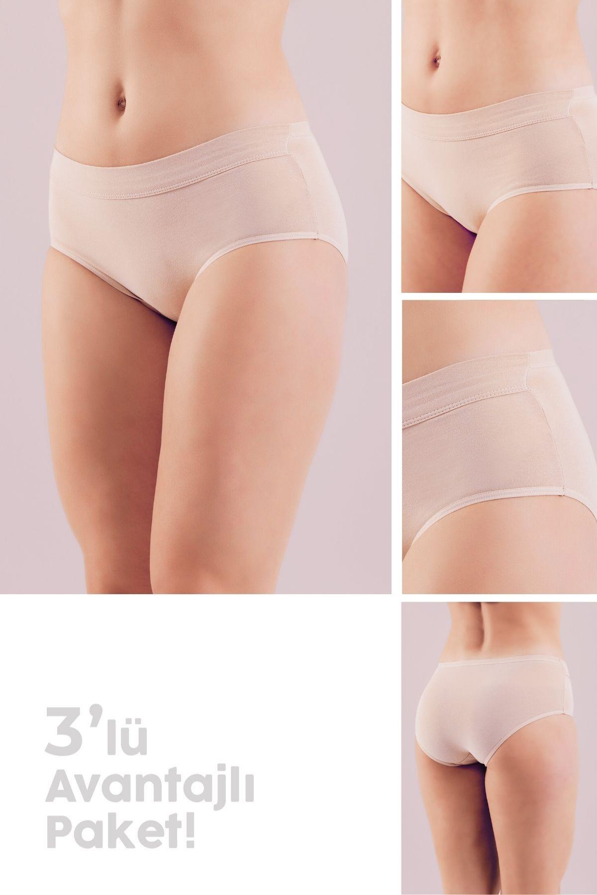 Düşük Bel Pamuklu Basic Kadın Slip Külot 3lü Paket 8445 Krem